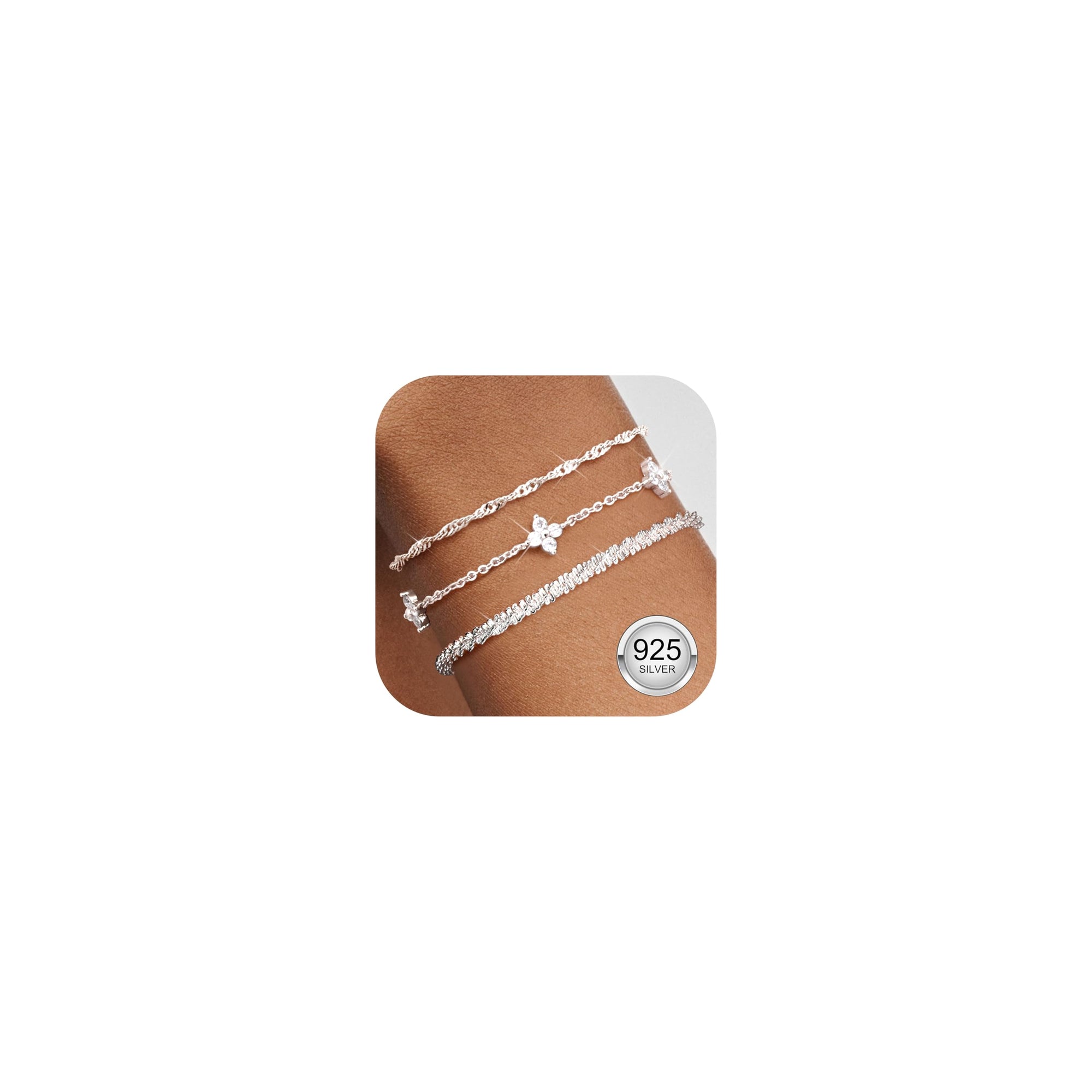 Finrezio 3 Piece Bracelets Women's 925 Sterling Silver Stackable Bracelets Adjustable Zircon Chain Set Bracelets Silver Jewellery Gifts for Women Silver Gold Rose Gold