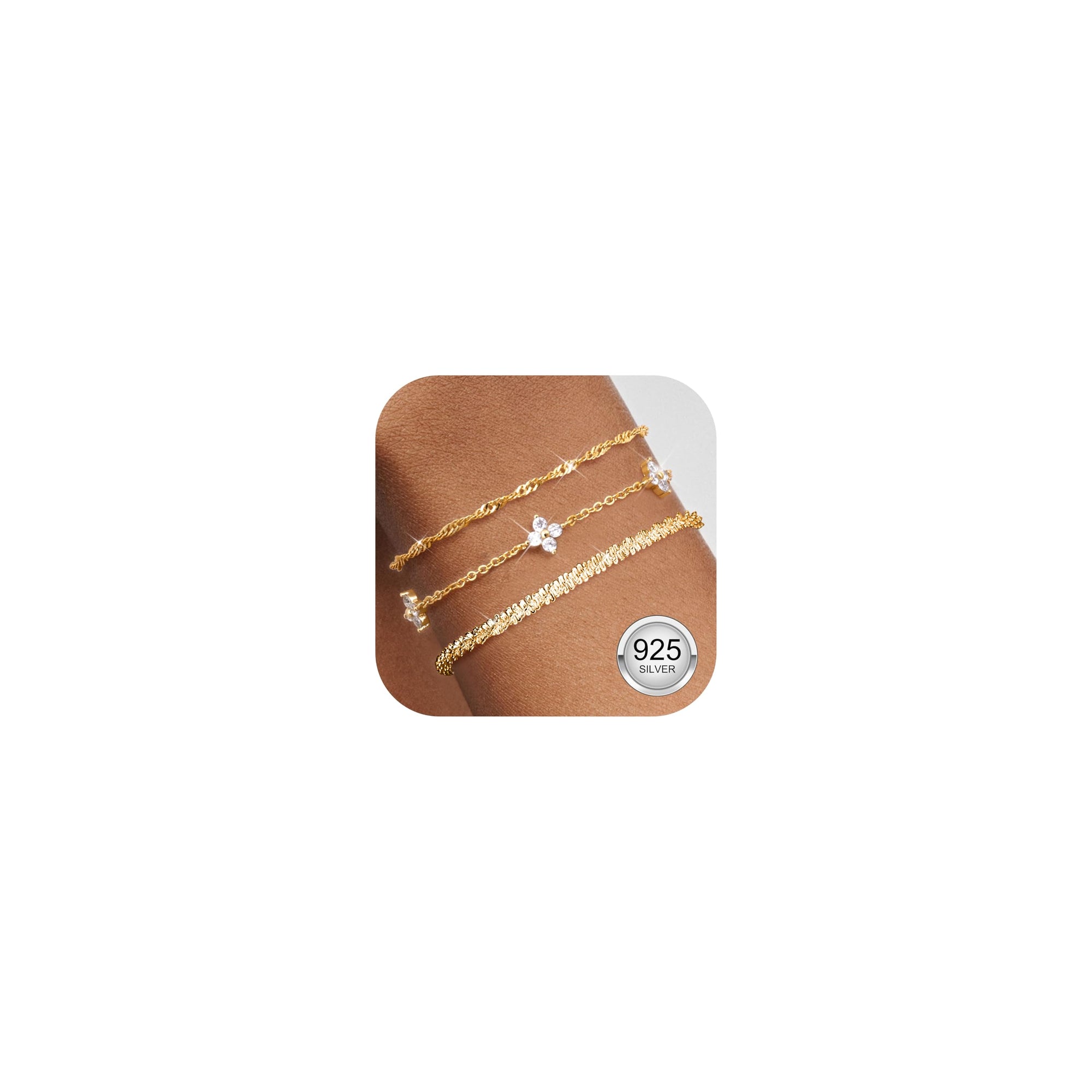 Finrezio 3 Piece Bracelets Women's 925 Sterling Silver Stackable Bracelets Adjustable Zircon Chain Set Bracelets Silver Jewellery Gifts for Women Silver Gold Rose Gold