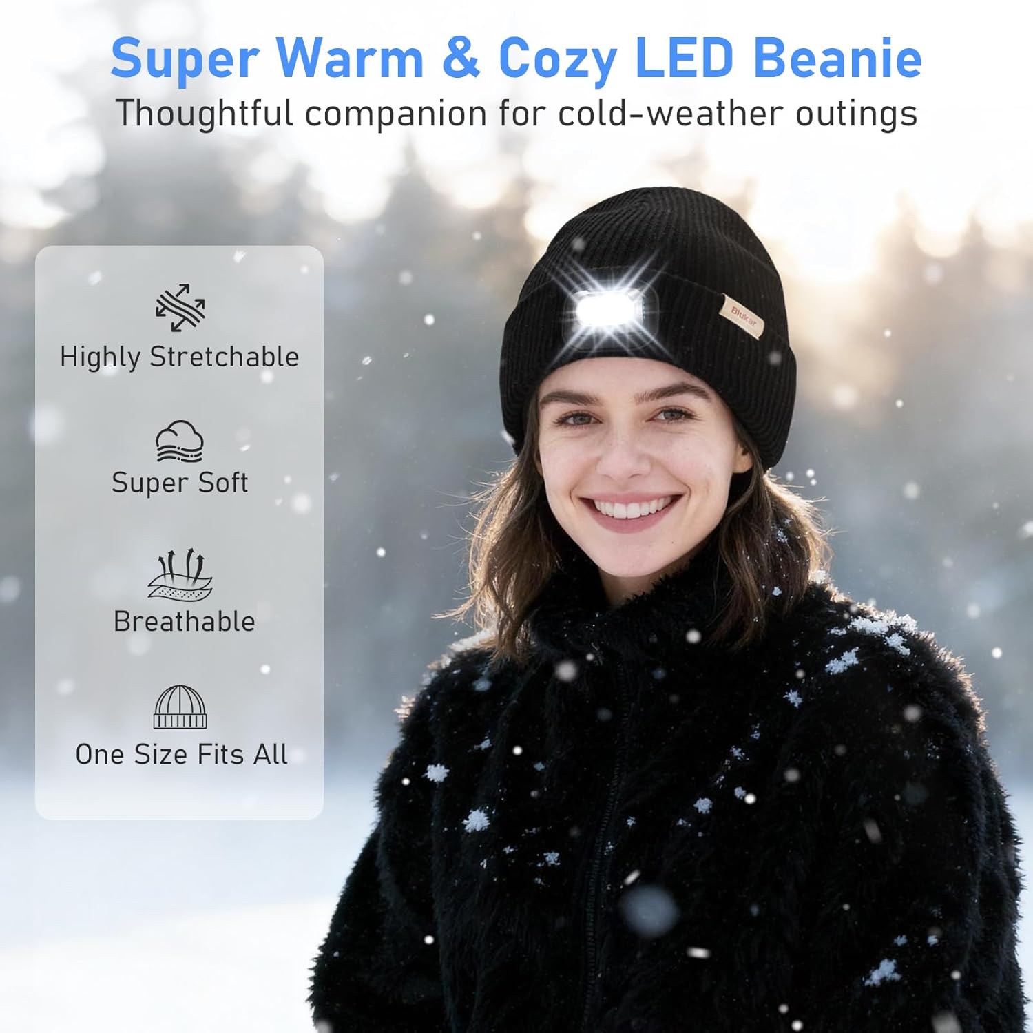 Blukar LED Super Lumineux Bonnet Chapeau, 2 en 1 Chapeau Tricoté de Course Lampe Frontale Rechargeable, 5 Modes, Angle Adjustable, Confortable Hiver Chaud Cadeaux pour Hommes et Femmes-Bandeau Inclus