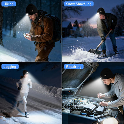 Blukar LED Super Lumineux Bonnet Chapeau, 2 en 1 Chapeau Tricoté de Course Lampe Frontale Rechargeable, 5 Modes, Angle Adjustable, Confortable Hiver Chaud Cadeaux pour Hommes et Femmes-Bandeau Inclus