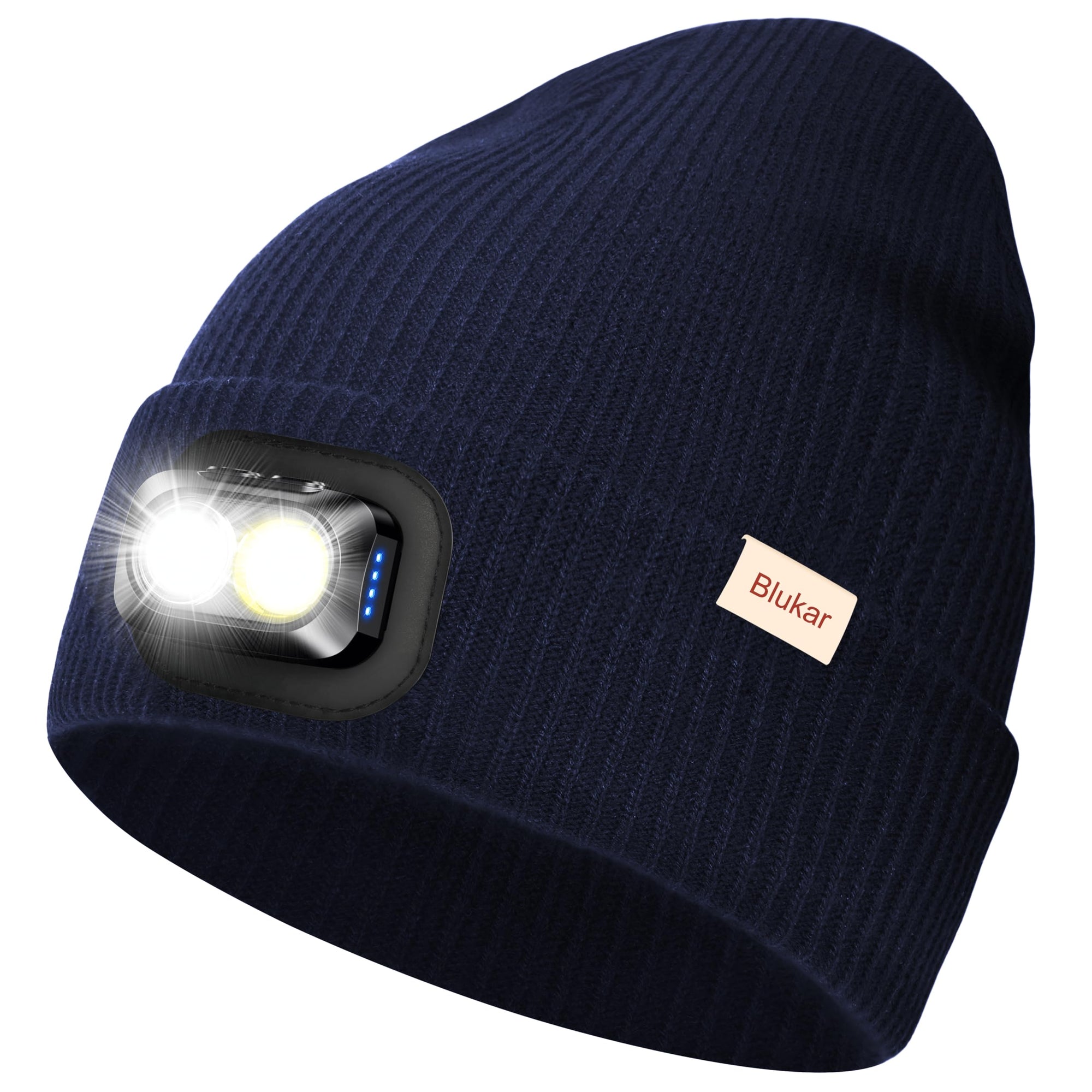 Blukar LED Super Lumineux Bonnet Chapeau, 2 en 1 Chapeau Tricoté de Course Lampe Frontale Rechargeable, 5 Modes, Angle Adjustable, Confortable Hiver Chaud Cadeaux pour Hommes et Femmes-Bandeau Inclus