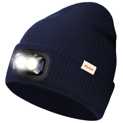Blukar LED Super Lumineux Bonnet Chapeau, 2 en 1 Chapeau Tricoté de Course Lampe Frontale Rechargeable, 5 Modes, Angle Adjustable, Confortable Hiver Chaud Cadeaux pour Hommes et Femmes-Bandeau Inclus