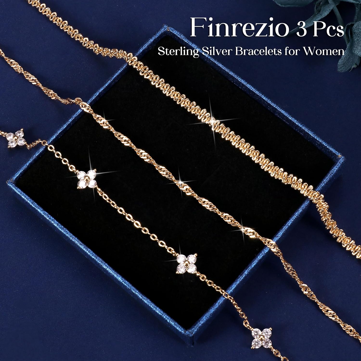 Finrezio 3 Piece Bracelets Women's 925 Sterling Silver Stackable Bracelets Adjustable Zircon Chain Set Bracelets Silver Jewellery Gifts for Women Silver Gold Rose Gold
