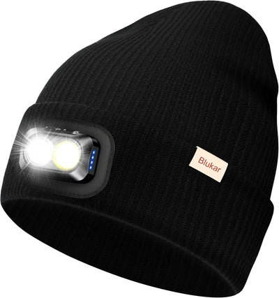 Blukar LED Super Lumineux Bonnet Chapeau, 2 en 1 Chapeau Tricoté de Course Lampe Frontale Rechargeable, 5 Modes, Angle Adjustable, Confortable Hiver Chaud Cadeaux pour Hommes et Femmes-Bandeau Inclus