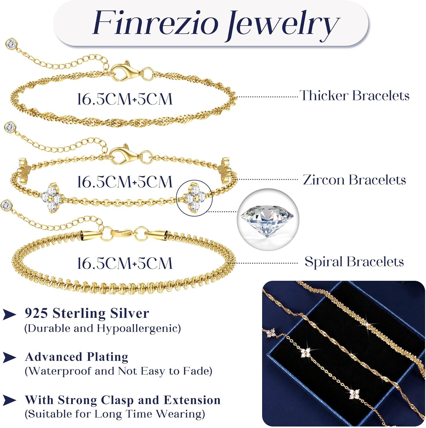 Finrezio 3 Piece Bracelets Women's 925 Sterling Silver Stackable Bracelets Adjustable Zircon Chain Set Bracelets Silver Jewellery Gifts for Women Silver Gold Rose Gold