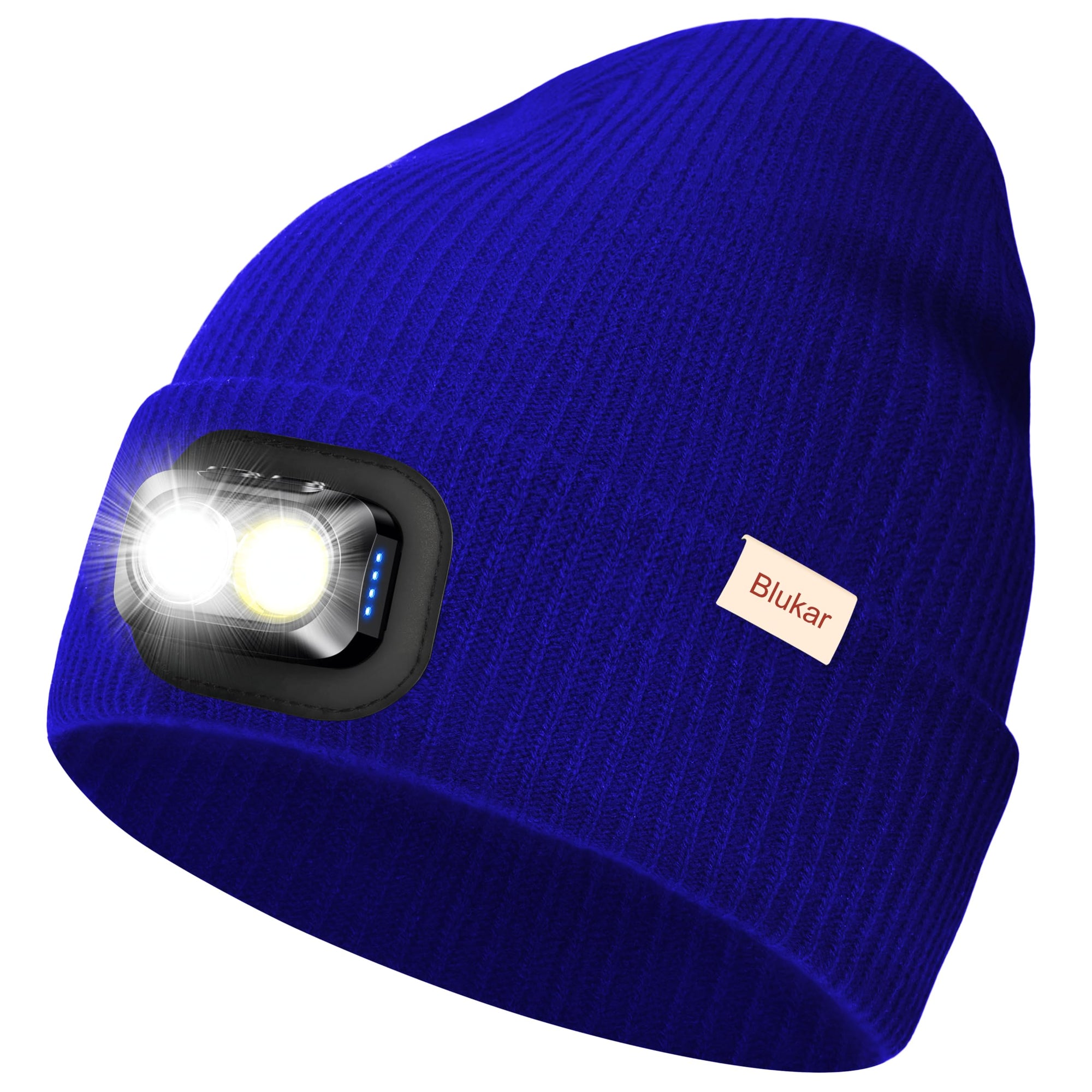 Blukar LED Super Lumineux Bonnet Chapeau, 2 en 1 Chapeau Tricoté de Course Lampe Frontale Rechargeable, 5 Modes, Angle Adjustable, Confortable Hiver Chaud Cadeaux pour Hommes et Femmes-Bandeau Inclus
