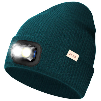Blukar LED Super Lumineux Bonnet Chapeau, 2 en 1 Chapeau Tricoté de Course Lampe Frontale Rechargeable, 5 Modes, Angle Adjustable, Confortable Hiver Chaud Cadeaux pour Hommes et Femmes-Bandeau Inclus