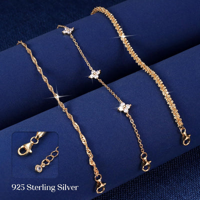 Finrezio 3 Piece Bracelets Women's 925 Sterling Silver Stackable Bracelets Adjustable Zircon Chain Set Bracelets Silver Jewellery Gifts for Women Silver Gold Rose Gold
